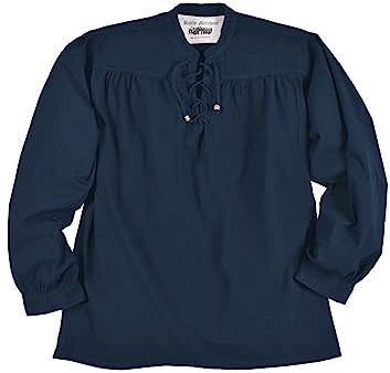 Battle-Merchant - Camicia Medievale Ludwig, da Uomo - Cotone - Taglia Ampia, Allacciatura, Collo Alto, Maniche Lunghe - Larp, Vichingo - Blu - S