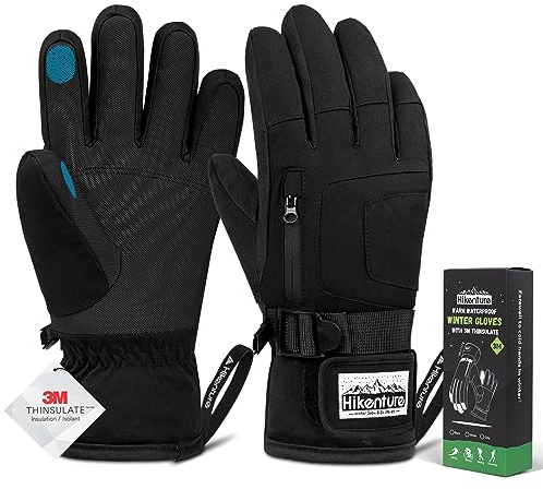 HIKENTURE Winterhandschuhe Herren Damen, 3M Thinsulate Skihandschuhe, Wasserdichte Handschuhe Winter Warm, Winddichte Touchscreen Snowboardhandschuhe für Skifahren, Radfahren, Motorrad, Laufen Black-L