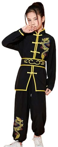 YEMYIQZ Kung Fu Uniform for Boys Girls Kids Traditional Chinese Embroidered Tai Chi Wing Chun Master Martial Arts Set Outfit (Black, XL)