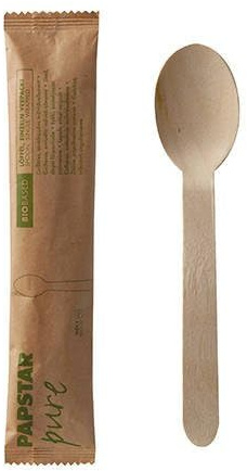 PAPSTAR Lot de 50 cuillères en bois pur de 16 cm emballées individuellement dans un sac en papier
