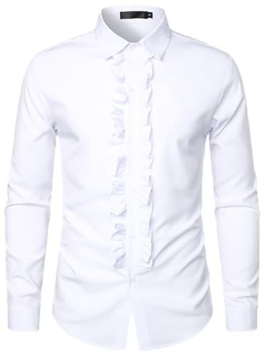 Hdhdeueh Herr krås volang middag smoking retro skjorta långärmad button down veck bröllop skjortor topp, Vitt, M