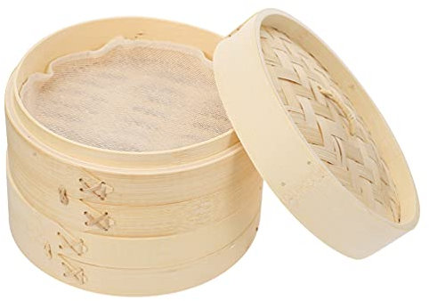 JOEBO Bamboo Steamer 7 inch Dumpling Steamer Basket, Two Tier Bao Bun Steamer Basket, Dim Sum Steamer Chinese Food Steamers for Cooking (with Lid and Steamer Cloth)