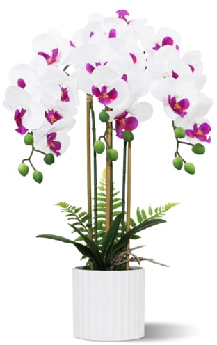 Olrla Künstliche Orchideen Blumenanordnung mit 3 Zweigen im Topf, Weiße und Violette Künstliche Phalaenopsis Bonsai für Heimbüro Hoteldekoration, Tischdekoration