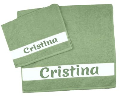 Personalisierte Handtücher mit Namen, 2-teiliges Set aus Frottee, Gesicht + Gästehandtuch aus 100 % Baumwolle, hergestellt in Italien (Salbeigrün, Name)