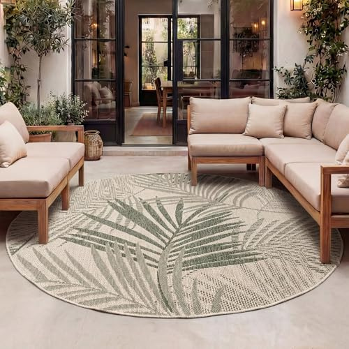 FRAAI | Home & Living In- & Outdoor Teppich Rund - Tiga Palm Grün - Wetterfest - Polypropylen - Ø 120 cm - Wohnzimmer, Esszimmer, Balkon, Garten/Terrasse, Flur - Terrasse Teppich - Outdoor Rug