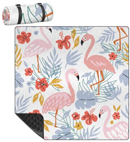 Mularoka Flamingo-Blumenblatt-Picknickdecke, wasserdicht, sanddicht, faltbar, Stranddecke, 200,7 x 200,7 cm, extra groß, tragbar, waschbar, Outdoor-Matte für Camping, Park, Gras, Wandern, Reisen
