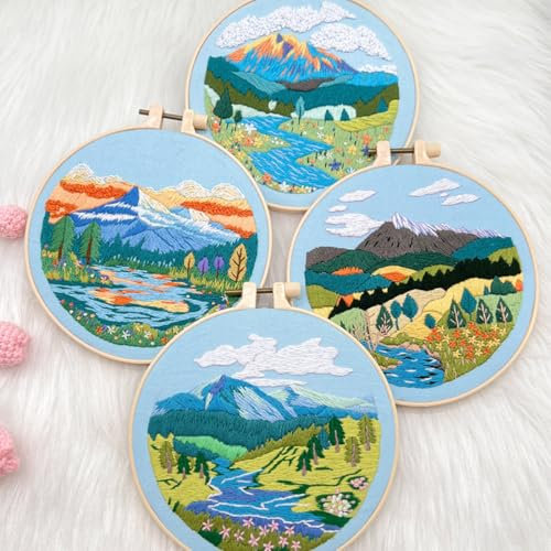 N.LANSHAN 4Pcs Stickset Für Anfänger Berge，Seen，Wälder Stick-Starter-Kit Landschaft 3D Stick-Starter-Kit Mit Anleitung，Stickrahmen，Fäden Und Werkzeugen 30x30cm