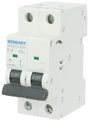 Wengart Magnetotérmico 16A 2 Polos (2P),Curva B (B-Char), Poder de Corte 10kA, Interruptor Automático MCB para Protección de Electrónica Sensible y Circuitos de Iluminación, Carril DIN 36mm,WGM12-63H