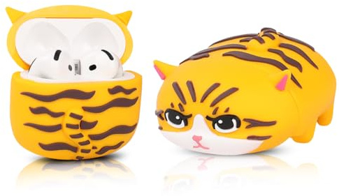 LEWOTE Compatibile con Apple Airpods 4 Custodia protettiva divertente e carina, Cover 3D Cartone animato con portachiavi[Serie Papa] (Gatto Giallo)