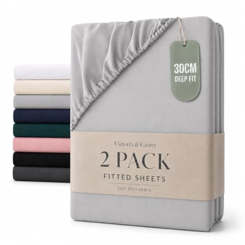 2 Pack Double Fitted Sheet (30cm) - Ultra Soft Microfibre Bed Sheets, Elasticated Corners, Shrink and Fade Resistant, Wrinkle-Resistant, Breathable for Double Beds (Double, Silver)