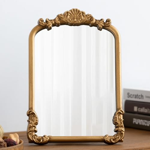 Meolyx Vintage Vanity Small Gold Mirror Antique Makeup Desk Mirror with Stand Arched Table Mirror for Living Room Tabletop Countertop Bedroom Bathroom 8.5x12