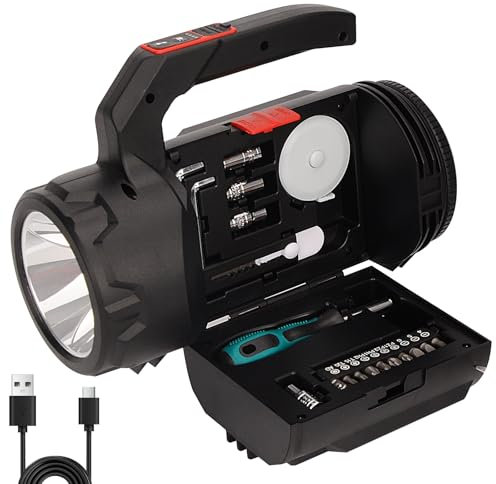 Eslas Rechargeable LED Torch with Tool Set, Camping Lantern with 6 Light Modes, 1200mAh Battery, USB Output, Portable Light with Accessories for Power Outages, Small Repairs, Emergency Use