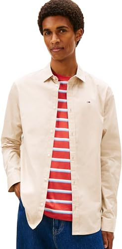 Tommy Jeans TJM Original DM0DM04405 Camisa elástica para Hombre, Color Beige (Arena del golfo), Talla L, Beige (Arena del Golfo), L
