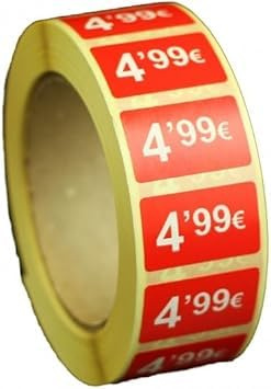 3 Rollos de Etiquetas de Precio,99€ Autoadhesivas, Total 3000 Pegatinas, 25x15mm, Rojo Brillante, Ideales Para Promocions (4,99€ -3000UDS)