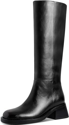 LOHEK Knee High Boots Women Faux Leather Boots Low Heel Square Toe Side Zipper Fall Long Tall Boots For Women，Size 9
