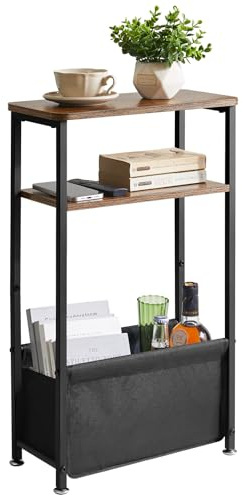 Aibiju Mesa Auxiliar Estrecha, 3 Niveles de Mesa Delgada para Espacios Pequeños, Mesa de Noche Estrecha 40x20x66cm con Canasta de Tela para Dormitorio, Sala de Estar, Marrón Rústico YD-ST002H