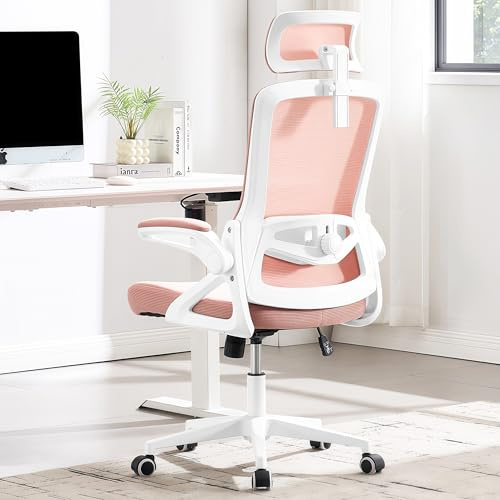 Fizzin Ergonomischer Bürostuhl Rosa | Mesh Schreibtischstuhl mit Verstellbarer Lendenstütze & Kopfstütze, Gaming Stuhl bis 180kg für Home Office