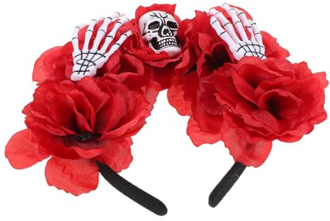 COLLBATH Knochenaccessoires Stirnband Mit Totenkopf Und Blumen Für Halloween-partys Kostümkopfbedeckungen Blumengirlanden-stirnband Für Mädchen Rote Blumen Fürs Haar