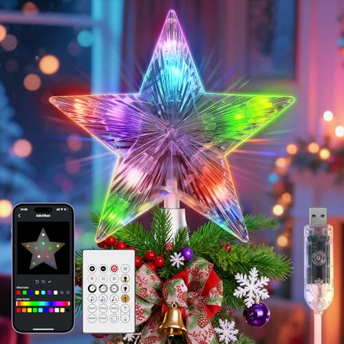 YAYZA！Weihnachtsbaumspitze, 22 x 19 cm - Steuerung per App & Fernbedienung, 10 RGB-LEDs, 16 Mio. Farben, 24 Modi, 5m USB-Kabel. Ideal für Weihnachtsbaum, Party & Zuhause