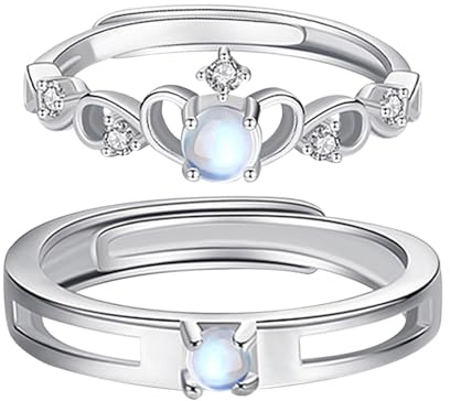 JewelryWe Bagues Couple Amoureux pour 2: Alliance Mariage Couronne en Acier Inoxydable avec Pierre de Lune Ajustables – Cadeaux Romantiques pour Femme et Homme, Fiançailles, ou Saint-Valentin