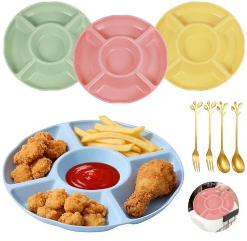 YiyouYi 4 Stück Snackteller mit Fächern, Snackteller Rund Fächer Rutschfest Stapelbar, Obstteller Snack Wiederverwendbar, zum Speichern von Snacks, Früchten, usw. 4 Farben (23 x 23 x 2,5 cm)