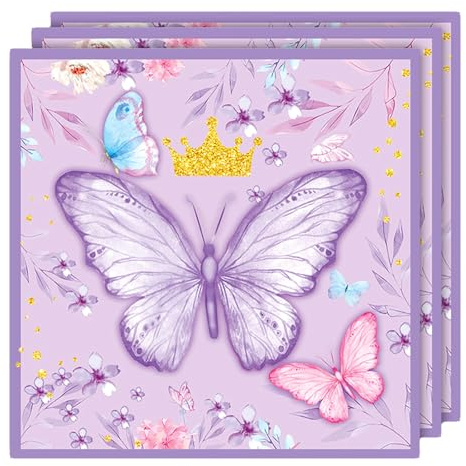Ovanda 20 Stück Schmetterling Servietten(33 x 33 cm), Schmetterling Partygeschirr, Schmetterlings Deko Geburtstag,Blumen Servietten,Serviettens Geburtstag Mädchen,Party Papierservietten,Lila Tischdeko