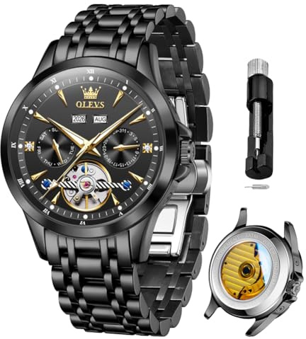 OLEVS Black Self Winding Watches for Man Classical Tourbillon Mechanical Watch Stainless Steel Waterproof Moon Phase Luxury Two Tone Mens Watch