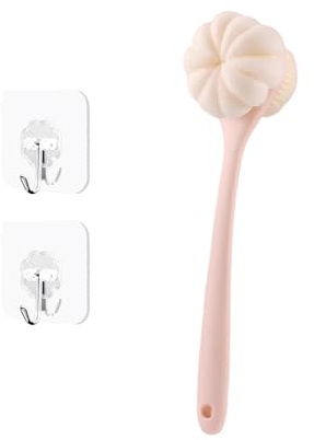 2-i-1 duschborste rosa, duschborste rygg, duschsvamp och rygg peeling-borste, ryggborste med lång, ryggskrubbe för dusch, duschsvamp med handtag, torkborstkropp, med 2 krokar