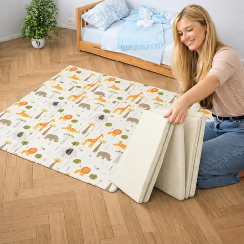 Krabbelmatte Baby Faltbar 150x180cm, doppelseitig, Spielmatte Kinder Spieldecke, Tierwelt und Blätter, Rutschfest Krabbeldecke Spielteppich Kindermatte Babymatte mit Praktischer Tragetasche