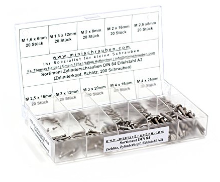 Sortimentskasten mit 200 Stück kleinen Zylinderschrauben nach DIN 84 aus Edelstahl A2 (M1,6, M2, M2,5, M3 und M4), Schlitz, Zylinderkopf. Minischrauben Sortiment inkl. beschrifteter Box
