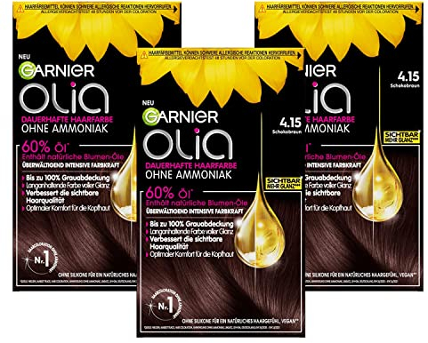 Garnier Olia Dauerhafte Haarfarbe ohne Ammoniak, Mit pflegenden und natürlichen Ölen, Vollständige Grauhaarabdeckung, Permanente Coloration, Nr. 4.15 Schokobraun, 3 x 1 Stück