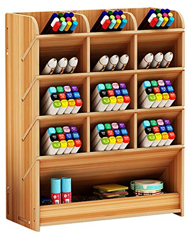 Caja de almacenamiento de madera para bolígrafos, organizador de escritorio multifuncional, organizador de escritorio, soporte para el hogar, la oficina y la escuela, color Cherry Wood