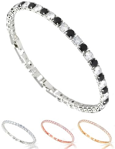 inSCINTILLE Tennisarmband Damen und Herren Armband Unisex mit Zirkonen und Verstellbarer Schnappverschluss (Größe der Steine: 0,15 Cm, Silberne Kette - Schwarzer weißer Stein)