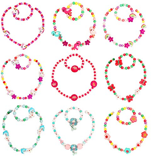 Hifot Bijoux Enfants Fille Collier Bracelet Set 8, Licorne Sirène Flamant Papillon arc en ciel Bois perles Bijoux de Fantaisie Cadeaux de Fête Cadeau