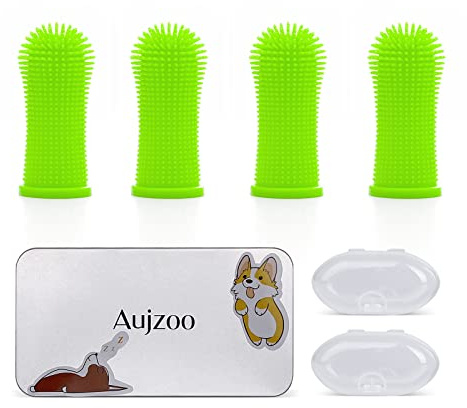 Aujzoo Hundtandborstset (4-pack), 360º husdjur tänder rengöring tandborste för hundar katter tandvård, silikon fingertandborste