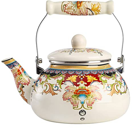 TOPBATHY 1.5L Enamel Tea Kettle Ceramic Stovetop Water Boiling Pot with Comfortable Handle and Vintage Pattern for Kitchen Tea Brewing