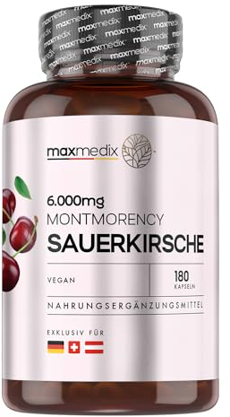 Montmorency Sauerkirschen Kapseln 6000 mg (50:1) - 180 Vegane Kapseln - 3 Monate Vorrat - 120 mg Sauerkirsch Extrakt - 2 Kapseln pro Tag - Prunus cerasus - Montmorency Kirschpulver - WeightWorld