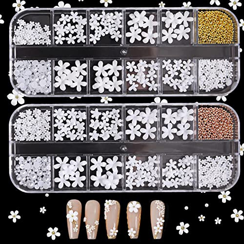 3D White Nail Flowers for DIY Art - 2 Set Acrylic Flower Nail Charms with Gold Caviar Beads, Resin Decals & Pearls