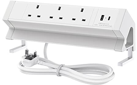 BQO Desk Power Socket with USB C, Desk power with 3 UK Plug USB A & USB C (15.5W), Aluminum Alloy desk power strip Connect 6.56FT Power Cord, Desk extension lead for home office school.