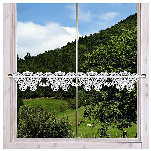 Feenhaus-Spitzengardine mit Schmetterlings-Muster und zarten Blumenranken Vogtländische Spitze in weiß | moderne Mini-Scheibengardine mit Sommermotiv aus feiner Spitzenstickerei HxB 12 x 57 cm