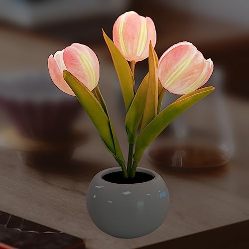 ALEENFOON Tulipano Luce notturna con vaso in ceramica Simulazione Tulipano Led Luci, Lampada da tavolo artificiale del fiore per la casa Living Room Wedding (Rosa)