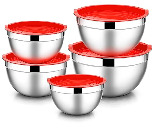 HaWare Salatschüssel mit Deckel, Edelstahl Rührschüssel Schüssel 5er Set - 4,5 L / 2,7 L / 1,5 L / 1,2 L / 0,7 L, Ideal zum Kochen/Backen/Aufbewahrung, Stapelbar & Spülmaschinenfest - Rot