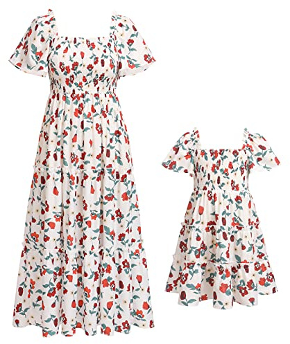 FYMNSI Mutter Tochter Kleid Maxikleider Partnerlook Mama und Mich Kleidung Sommer Outfits Blumenmuster Boho Lang Strandkleid Familien Partykleid Freizeitkleid Prinzessinnen Kleider Wei? Blumen M