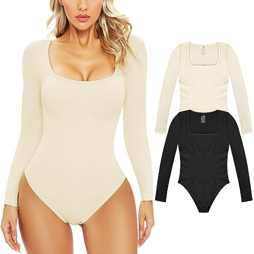 PASUDA Body Mujer Manga Larga Sexy Cuello en U Bodies Leotardo Elástico Mono Casual Bodysuit Jumpsuit Cálida Tops (Negro+Blanco, S)