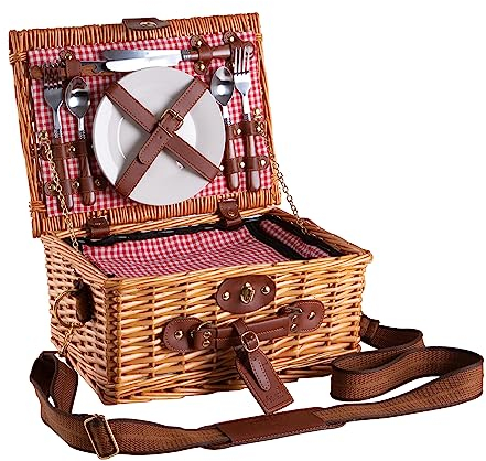 eGenuss Picknickkorb 2 Personen Rot mit Kühlfach & abnehmbarem Schultergurt – Picknickset aus Naturweide inkl. Geschirr, Gläser & Besteck – Handgewebte Picknicktasche 2 Personen Geschenkidee