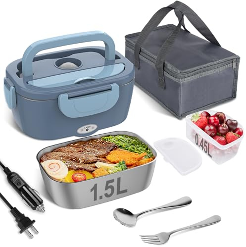 Vabaso Electric Lunch Box Food Heater, Electric Heating Lunch Boxes Lunch for Adults/Men/Truck/Car/Work, 80W 1.5L Removable 304 Stainless Steel Container, 110V/12V/24V, with Fork & Spoon