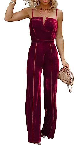 BLENCOT Sleeveless Velvet Jumpsuits For Women V Neck Spaghetti Straps Wide Leg Long Pants Dressy Rompers Winter Overalls Red Medium