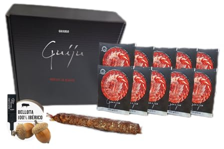 JAMBON IBÉRIQUE DE BELLOTA 100 % IBÉRIQUE - 10 assiettes coupe à couteau de 80 g + cadeau chorizo ou saucisson ibérique de Bellota. Marque Guiju. Usine. Salamanca. Cadeau de Noël.