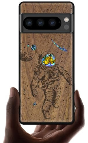 Carveit Designer Wooden Case for Google Pixel 8 Pro Case Cover [Wood Engraving & Shell Inlay] Compatible with Wireless Chargers Pixel 8 Pro Case (Cosmic Wanderer-Walnut)