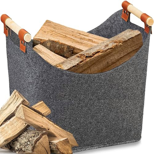 LeFeirr Extra Large Felt Firewood Basket for Wood Burners Indoor, Rectangular Grey Basket with Reinforced Wood Handles